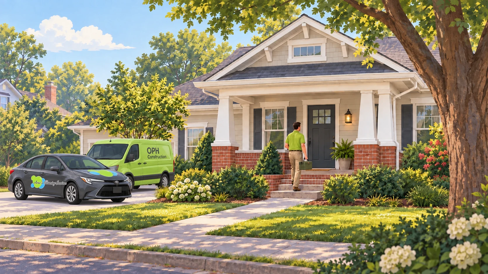 Illustrated home with an Ana’s Cleaning branded sedan and a lime-green OPH Construction van