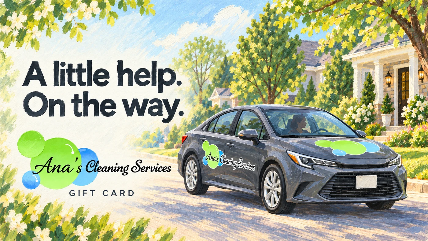 Hand-drawn Ana's Cleaning gift card featuring our company car on the way