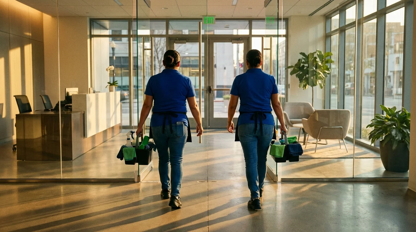 Ana's Cleaning team entering a modern office lobby with cleaning supplies