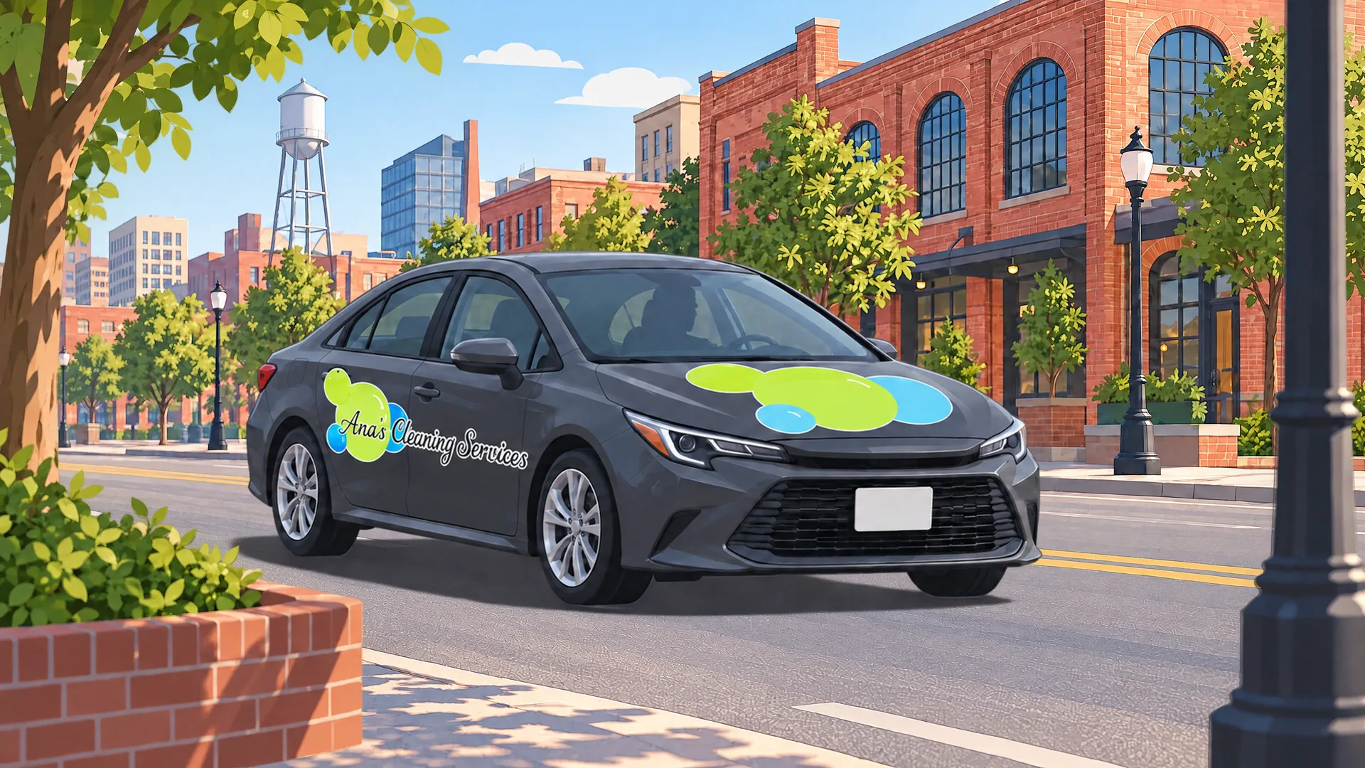 Illustration of an Ana's Cleaning sedan on a downtown Durham street