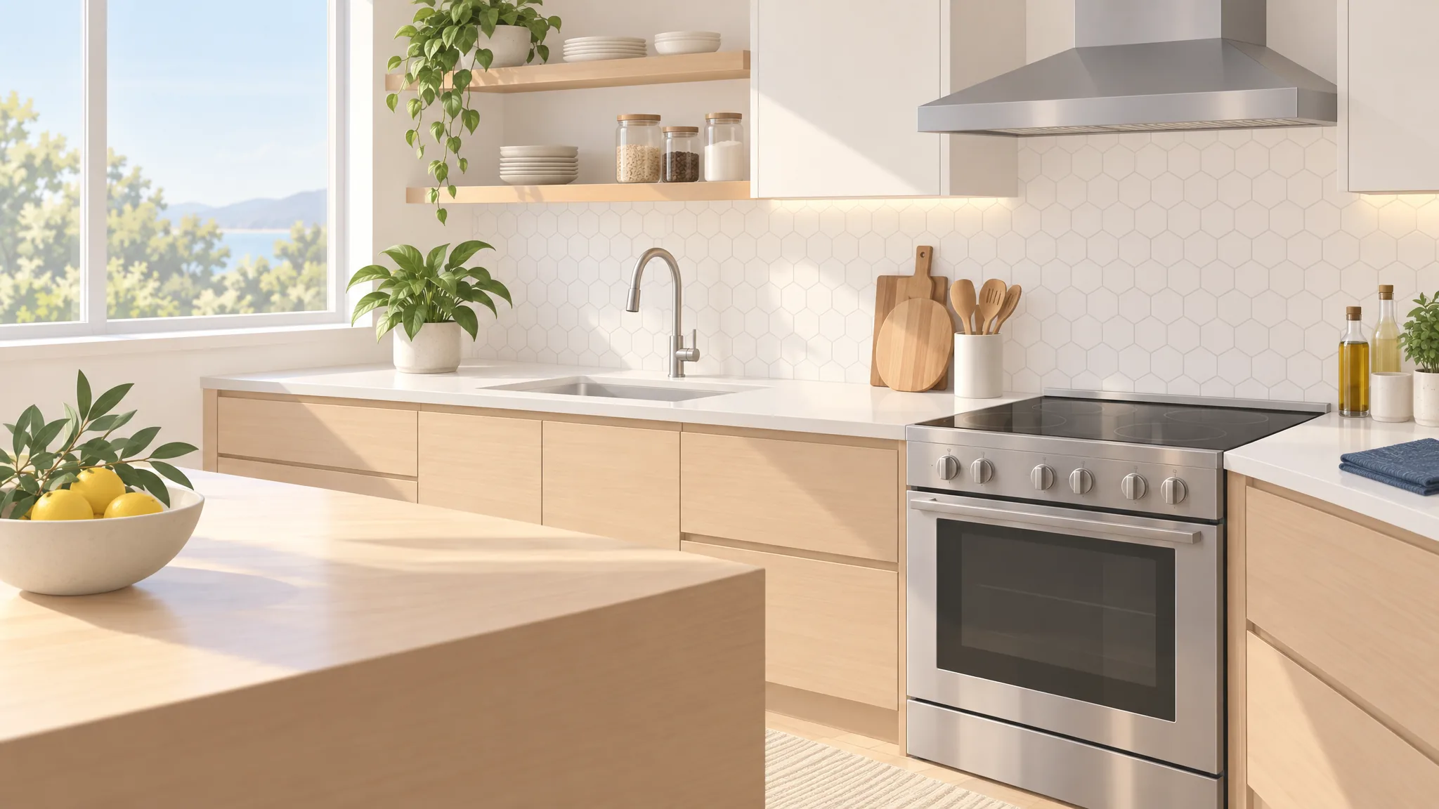 Illustration of the same kitchen after a clean: clear bright counters, a spotless stovetop and a folded microfiber cloth