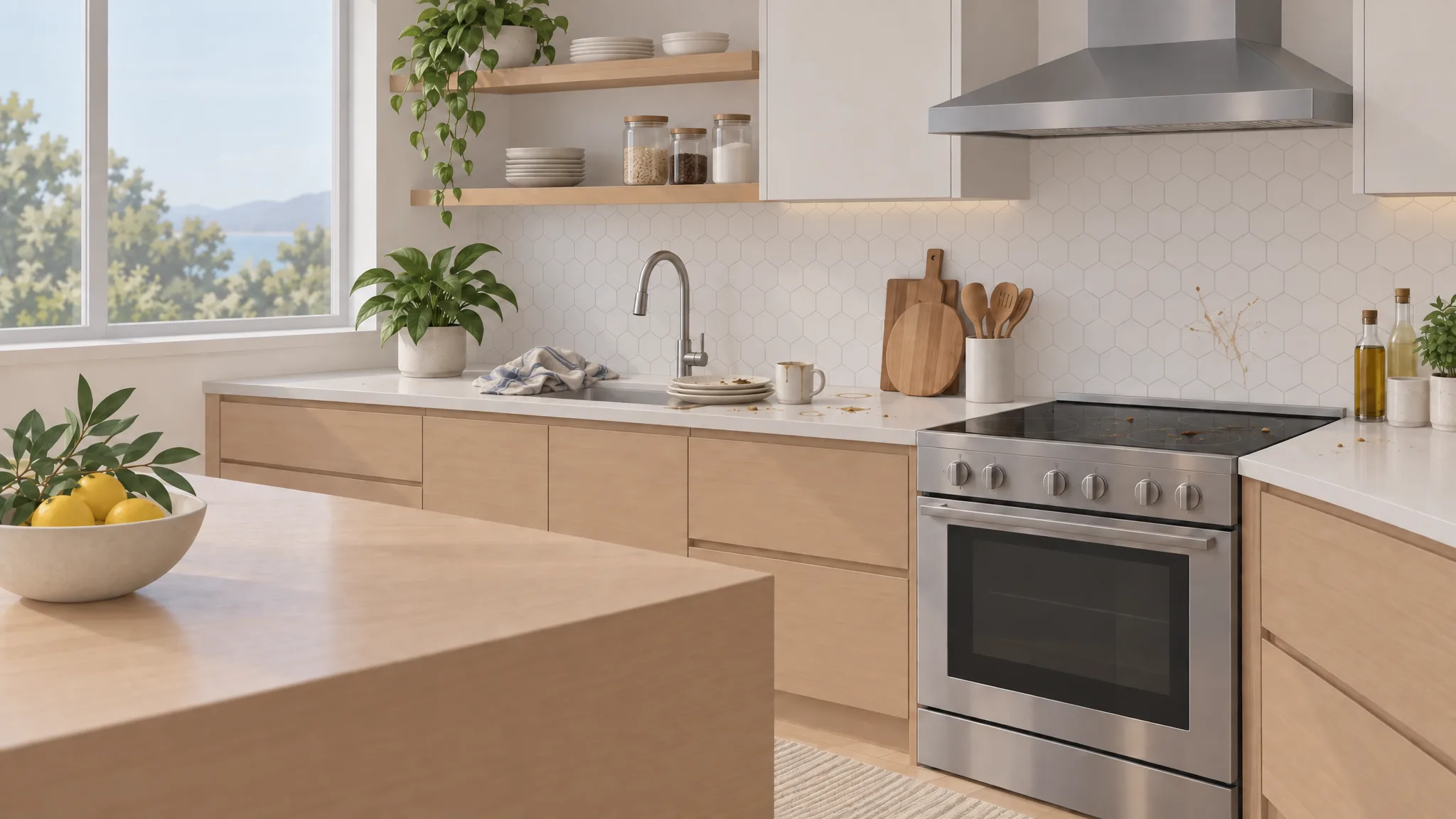 Illustration of a kitchen before a clean: plates by the sink, crumbs on the counter and a splattered stovetop