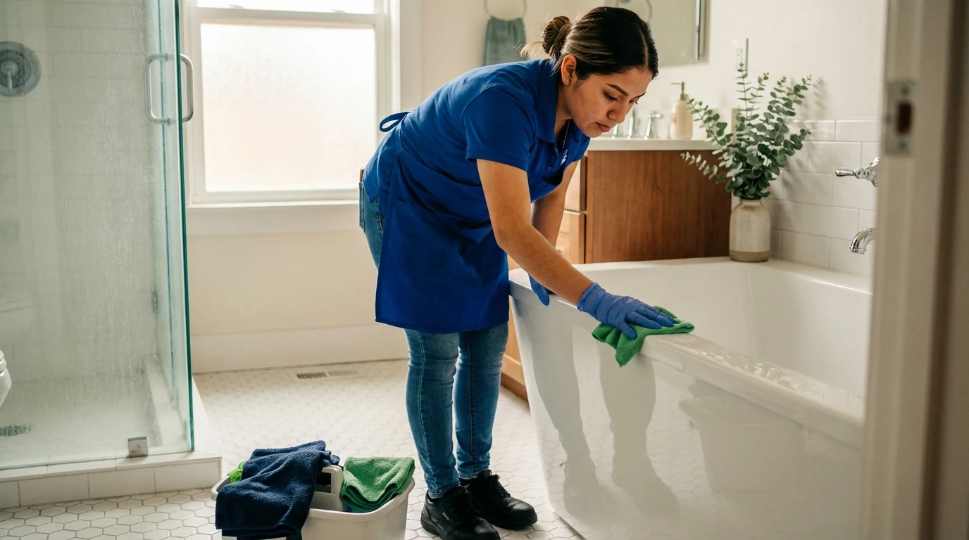 Ana's Cleaning professional scrubbing a bathtub with a green microfiber cloth